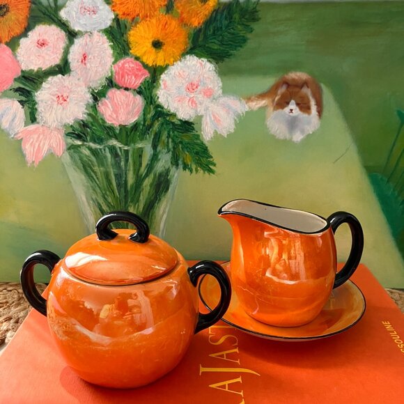 Vintage Lustre Ware Creamer and Sugar Bowl: Slovakian Art Deco Decor - Picture 9 of 9